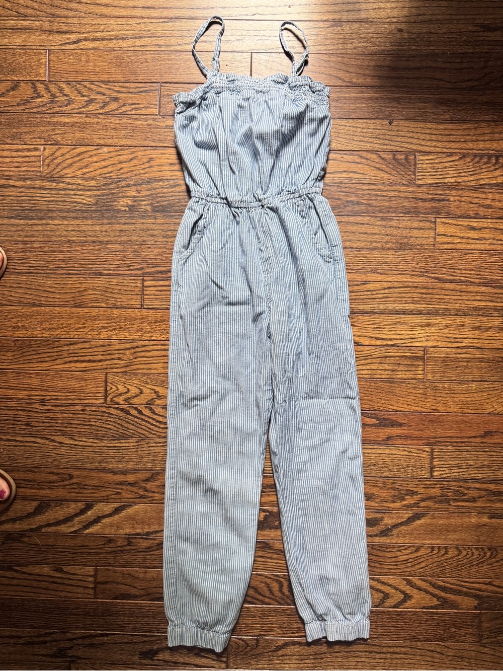 abercrombie kids Blue & White Striped Smocked Jumpsuit